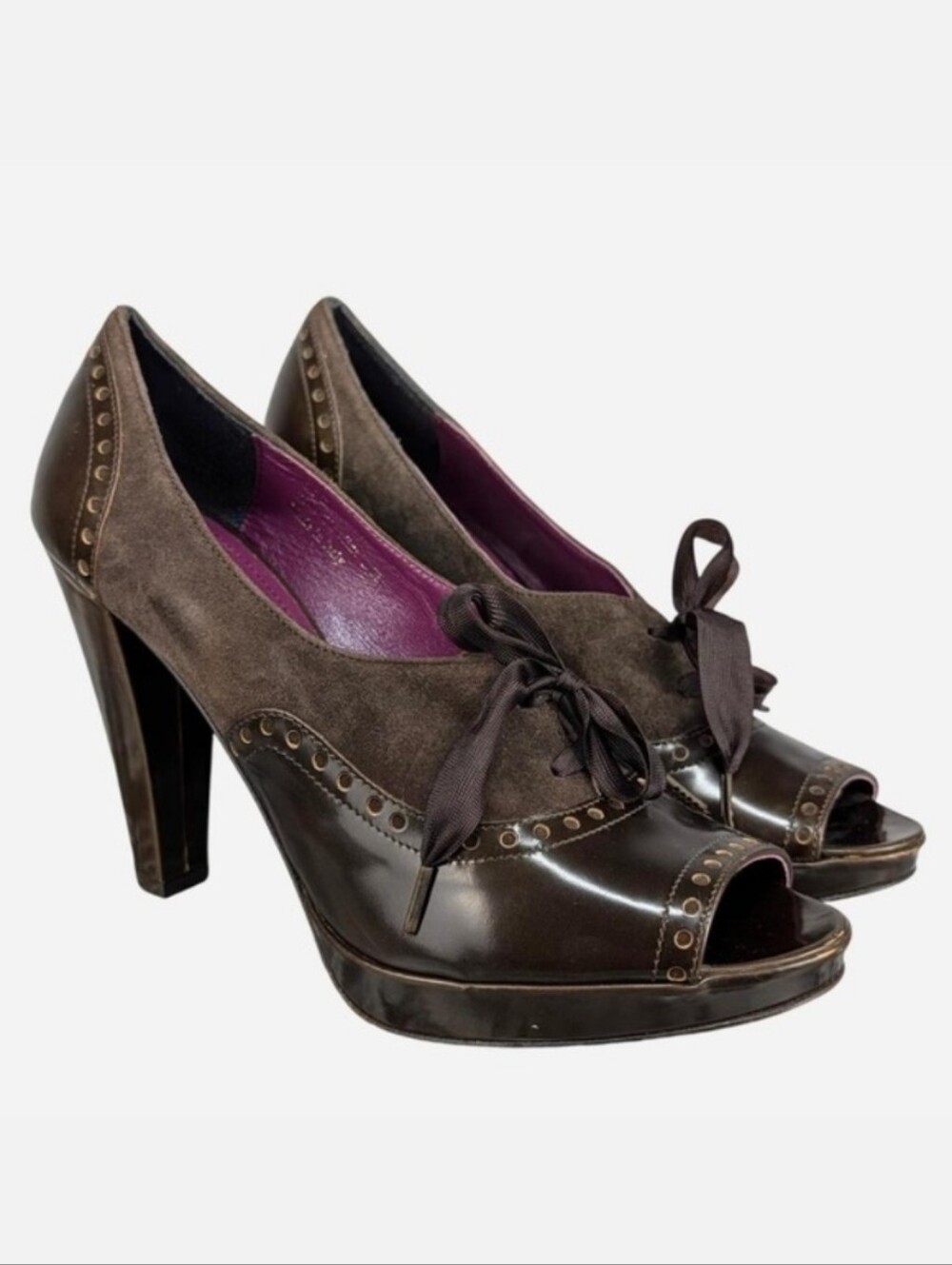 Coach Claudine Brown Suede Leather Lace Up Peep Toe Platform Heels Size 8.5